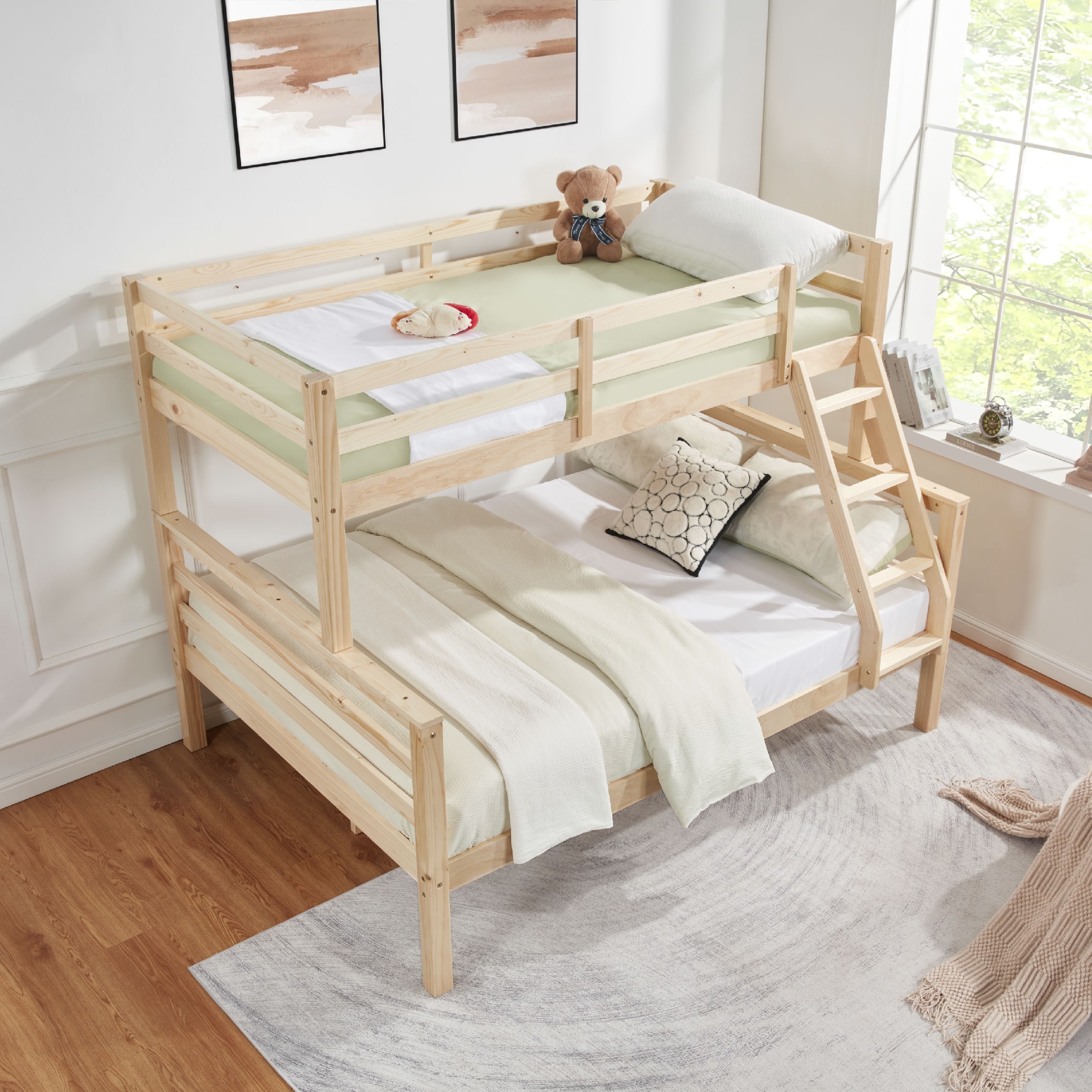 Twin over Full Bunk Bed with Thick Posts,Wooden Bunk Bed with High Guardrail and Ladder for Kids, Teens, Dorm Rooms, and Guest Rooms,No Box Spring Needed,Natural Twin over Full Bunk Bed with Thick Posts,Wooden Bunk Bed with High Guardrail and Ladder for Kids, Teens, Dorm Rooms, and Guest Rooms,No Box Spring Needed,Natural